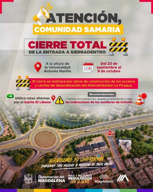 Conozca los nuevos cierres por obras de desaceleración del Intercambiador La Piragua en Santa Marta/ Gobernación del Magdalena.