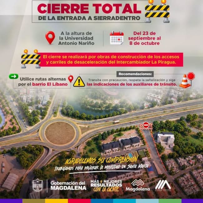 Conozca los nuevos cierres por obras de desaceleración del Intercambiador La Piragua en Santa Marta/ Gobernación del Magdalena.