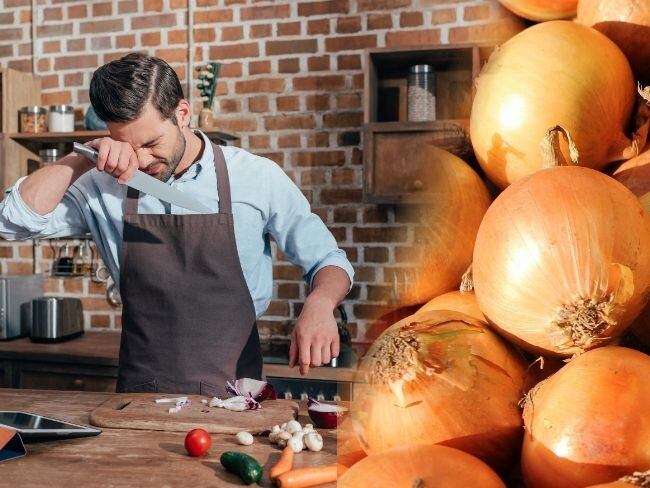 Hombre cortando cebolla // Cebollas