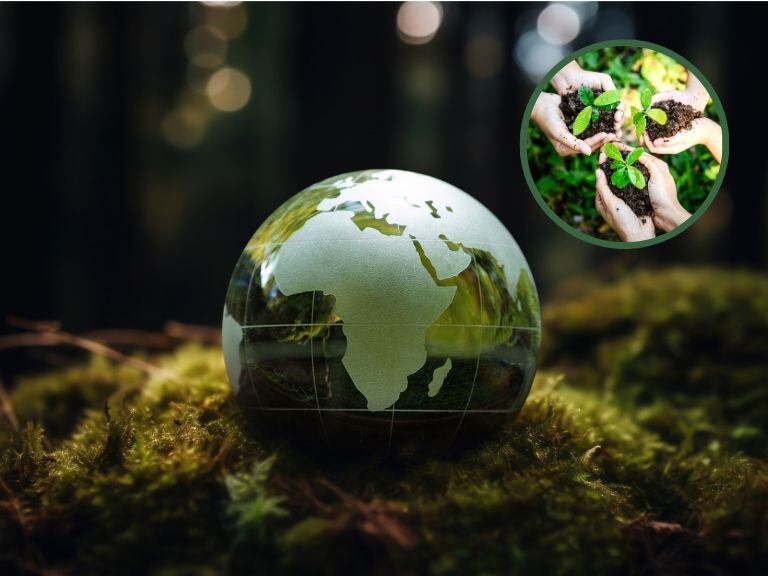 Imagen de referencia sobre el Día de la tierra // Imagen de personas sosteniendo una planta // Getty Images //