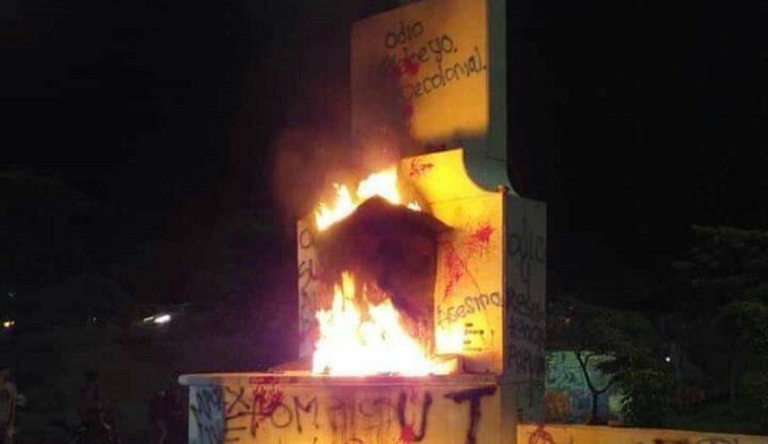Monumento del fundador de Ibagué dañado durante el Paro Nacional