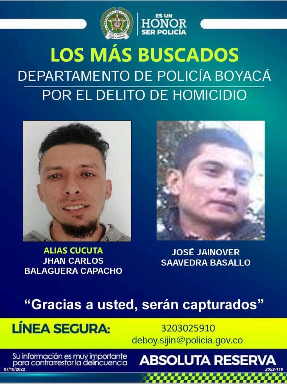 Dos de los más buscados en Boyacá por homicidio