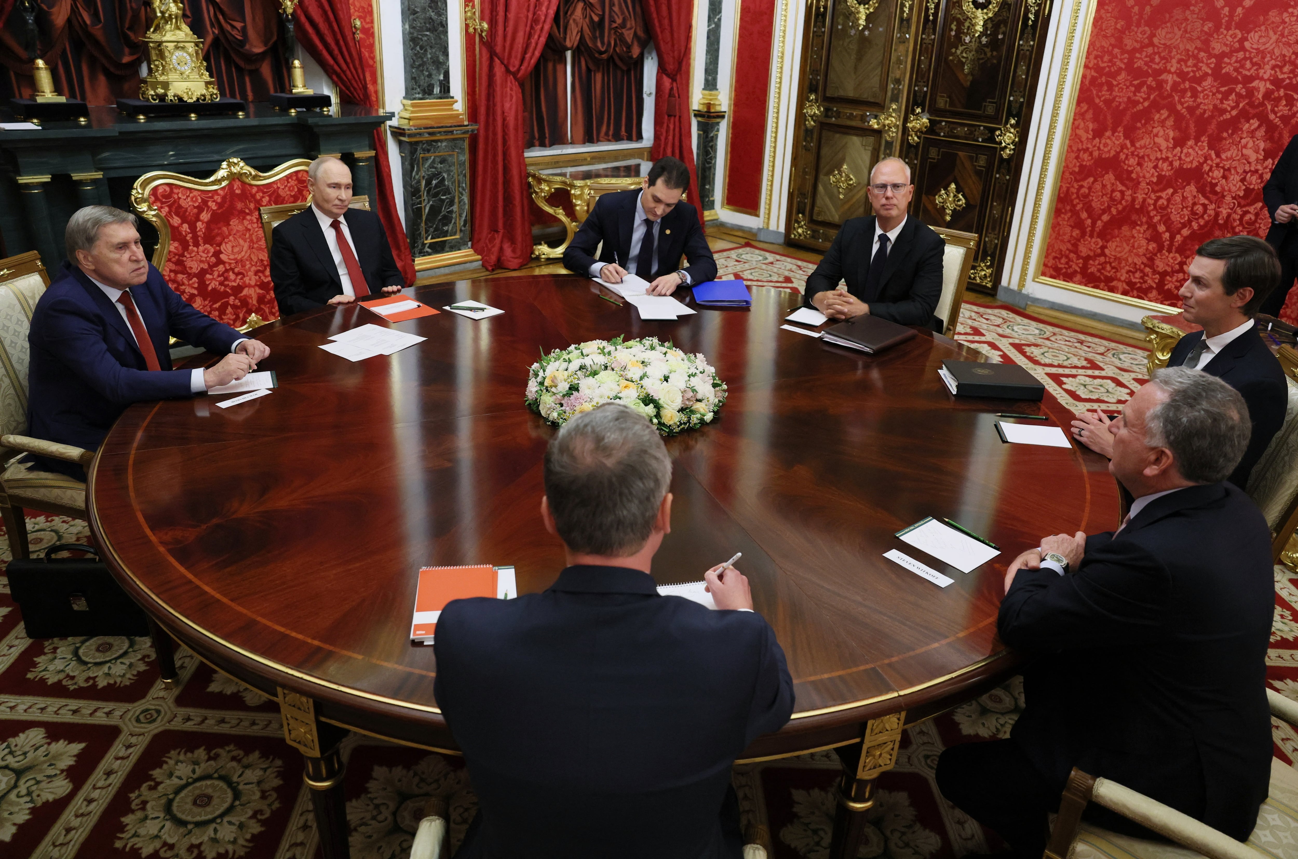 In this pool photograph distributed by the Russian state agency Sputnik, Russia's President Vladimir Putin (2nd L), Kremlin foreign policy aide Yuri Ushakov (L) and Russia's presidential envoy Kirill Dmitriev (4th L) attend a meeting with US special envoy Steve Witkoff (R) and US President Donald Trump's son-in-law Jared Kushner (2nd R) in Moscow on September 5, 2026. Russian President Vladimir Putin met with US envoys Steve Witkoff and Jared Kushner on September 5, 2026 for talks on ending more than four years of war in Ukraine. (Photo by Mikhail METZEL / POOL / AFP) / *** Editor's note: This image is distributed by the Russian state owned agency Sputnik ***