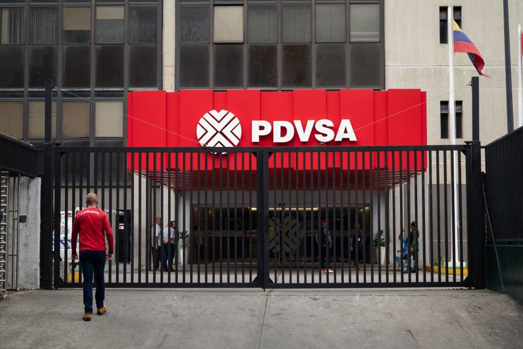 View of the entrance of the headquarters of Petróleos de Venezuela (PDVSA) in Caracas, taken on September 13, 2023. (Photo by Miguel Zambrano / AFP) (Photo by MIGUEL ZAMBRANO/AFP via Getty Images)