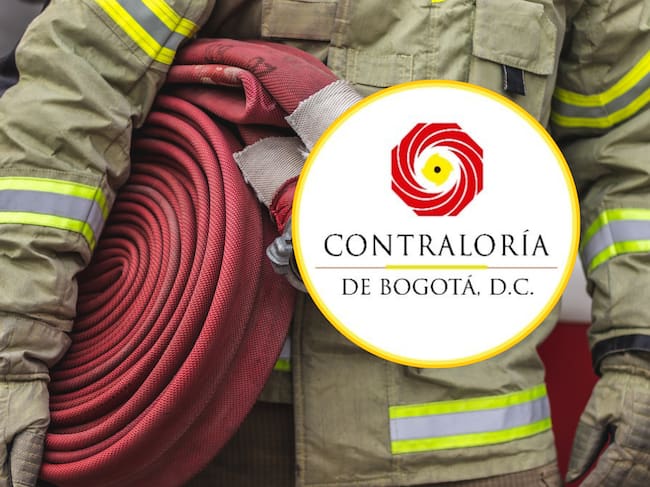 Imagen de referencia de bombero y logo de la Contraloría de Bogotá. Fotos: Getty Images / X @ContraloriaBta