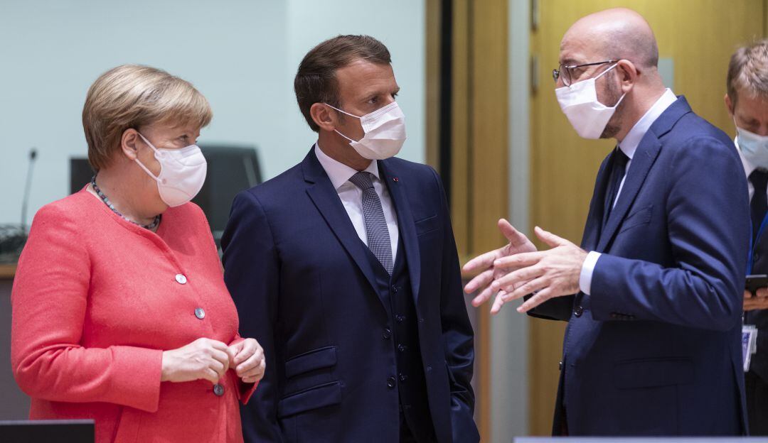 Merkel, Macron y el presidente del Consejo Europeo, Charles Michel