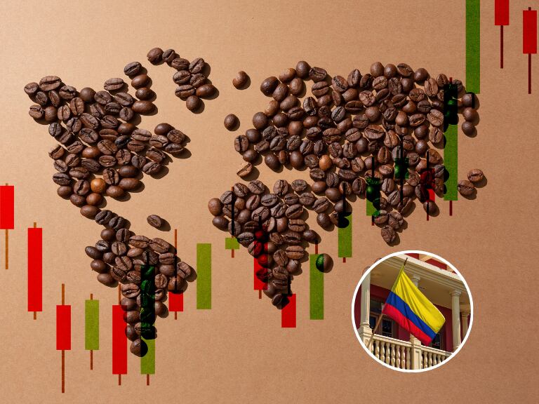 Granos de café haciendo la forma de los continentes del planeta y sobre una gráfica de cifras, al lado está una bandera de Colombia (Fotos vía Getty Images)