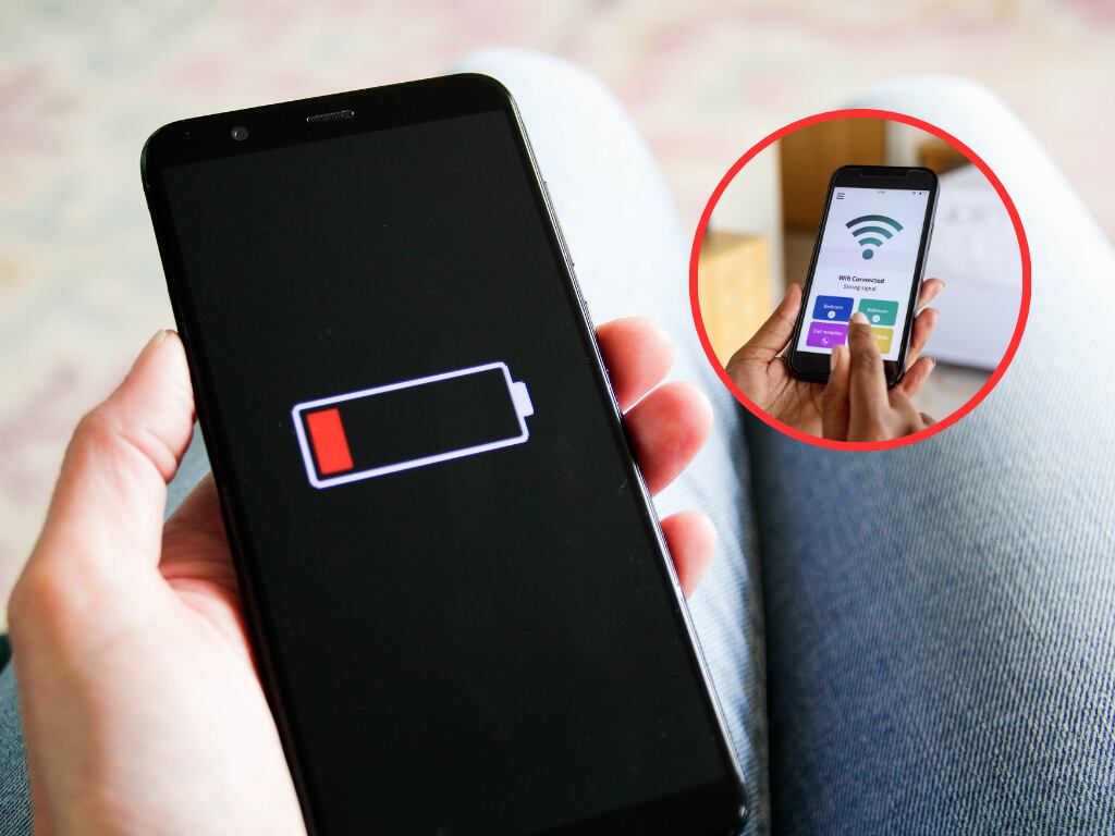Un teléfono con batería baja y de fondo un celular con el símbolo de conexión a wifi (Fotos vía Getty Images)