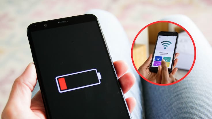 Un teléfono con batería baja y de fondo un celular con el símbolo de conexión a wifi (Fotos vía Getty Images)