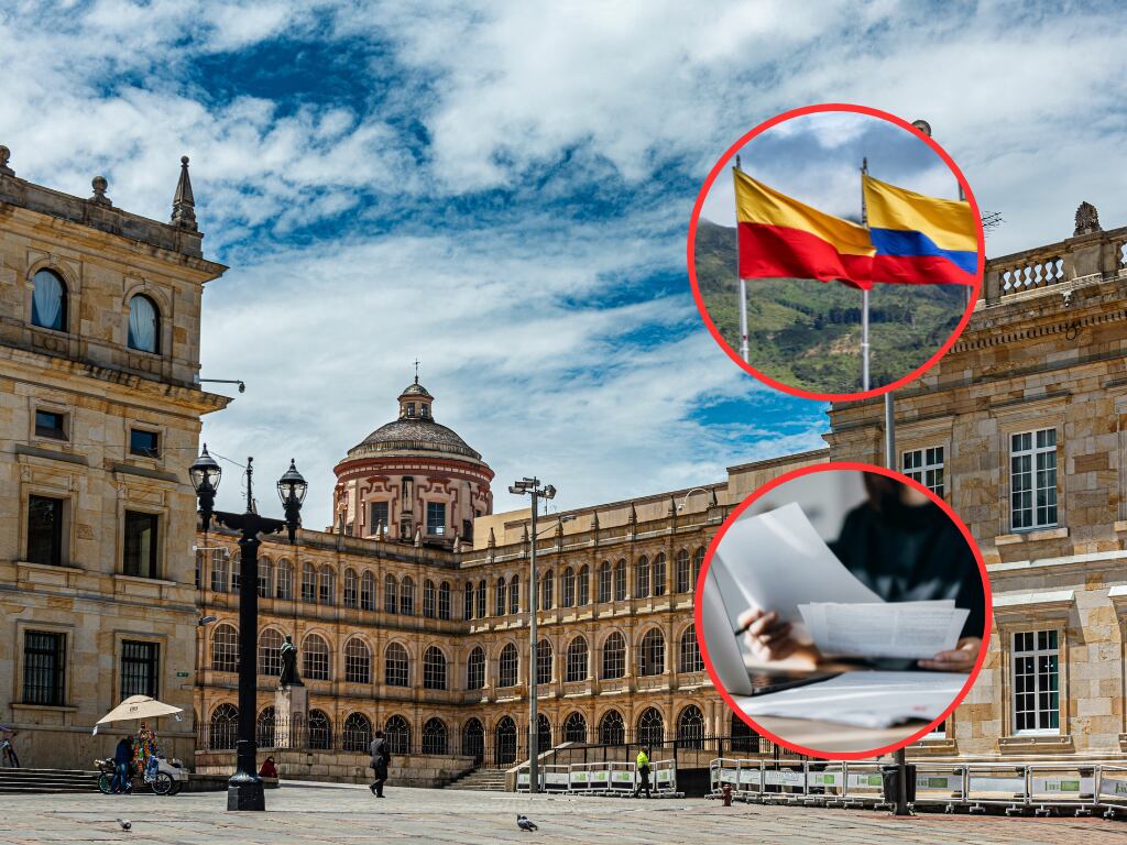 Edificios del centro de Bogotá, con una fotografía de las banderas de Bogotá y Colombia y una imagen alusiva a la revisión de documentos (Fotos vía Getty Images)
