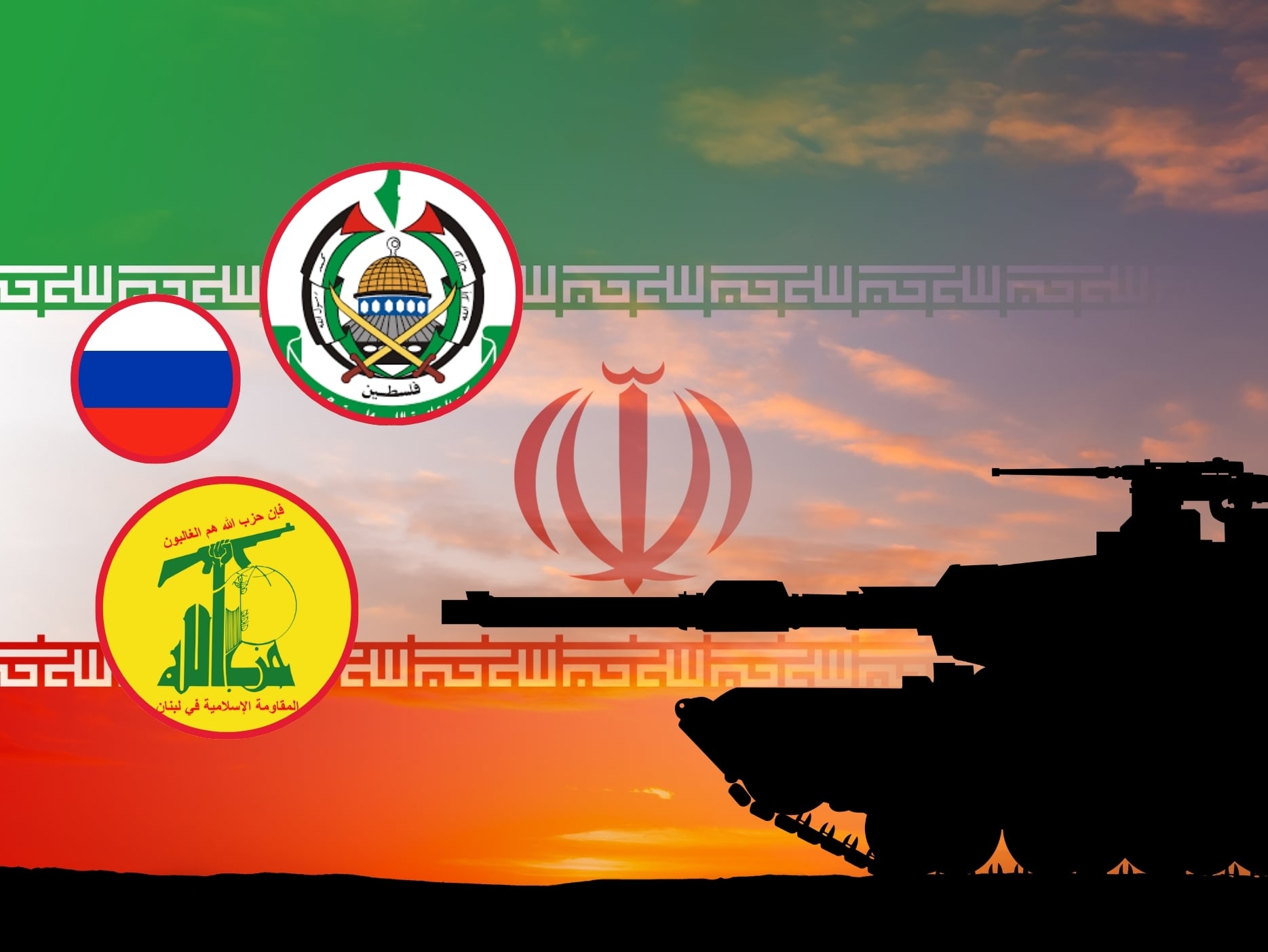 En portada: Tanque Militar junto a una bandera traslúcida de Irán. Los íconos que aparecen a la izquierda representan fuerzas armadas del eje de resistencia en Oriente Medio y Rusia.