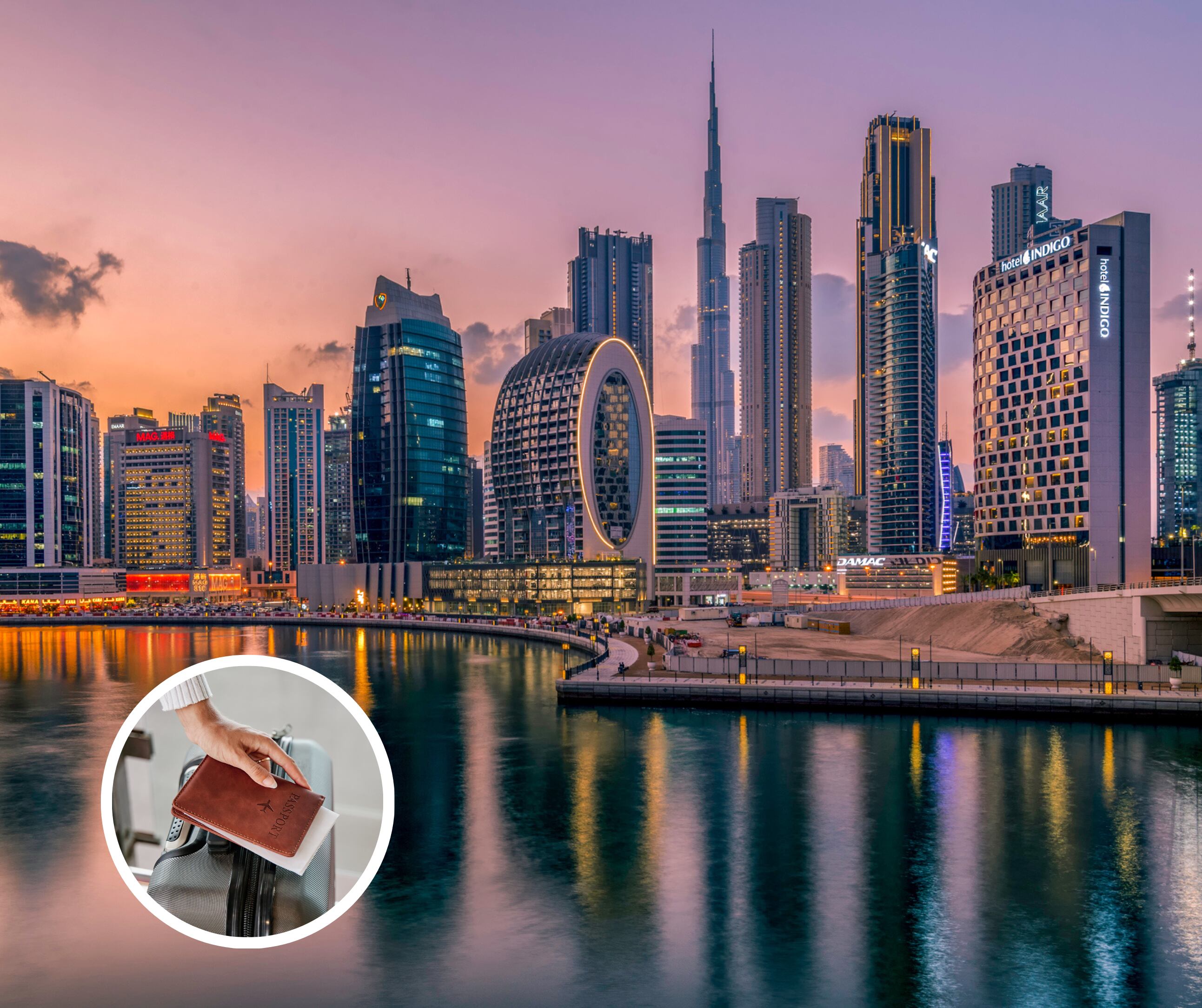 Imagen panorámica de Dubái junto a una persona presente en el aeropuerto (Getty Images)