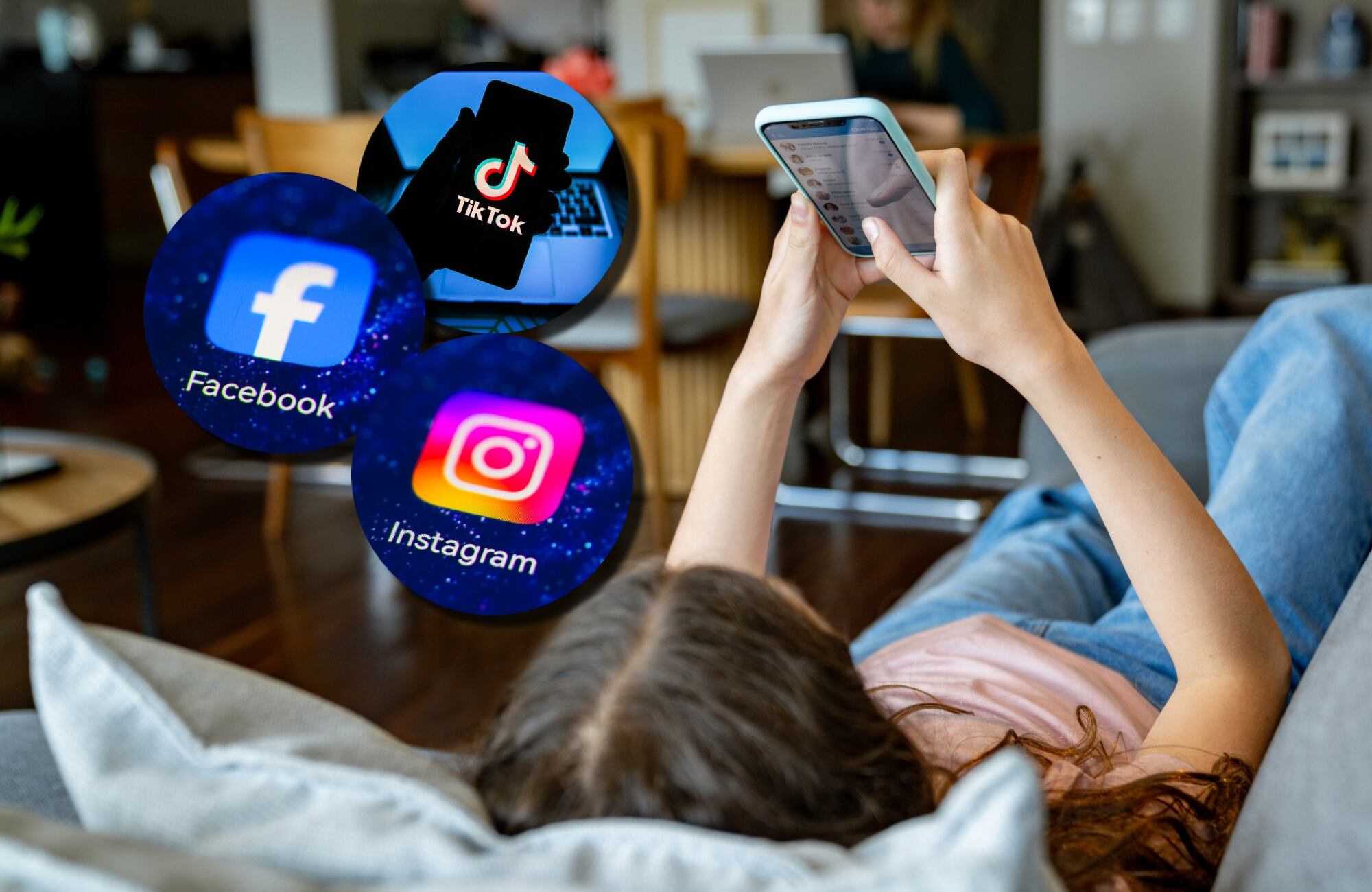 Logos de Facebook, TikTok e Instagram, imagen de referencia de niña usando redes sociales. Fotos: (Photo by Beata Zawrzel/NurPhoto via Getty Images) / Getty Images