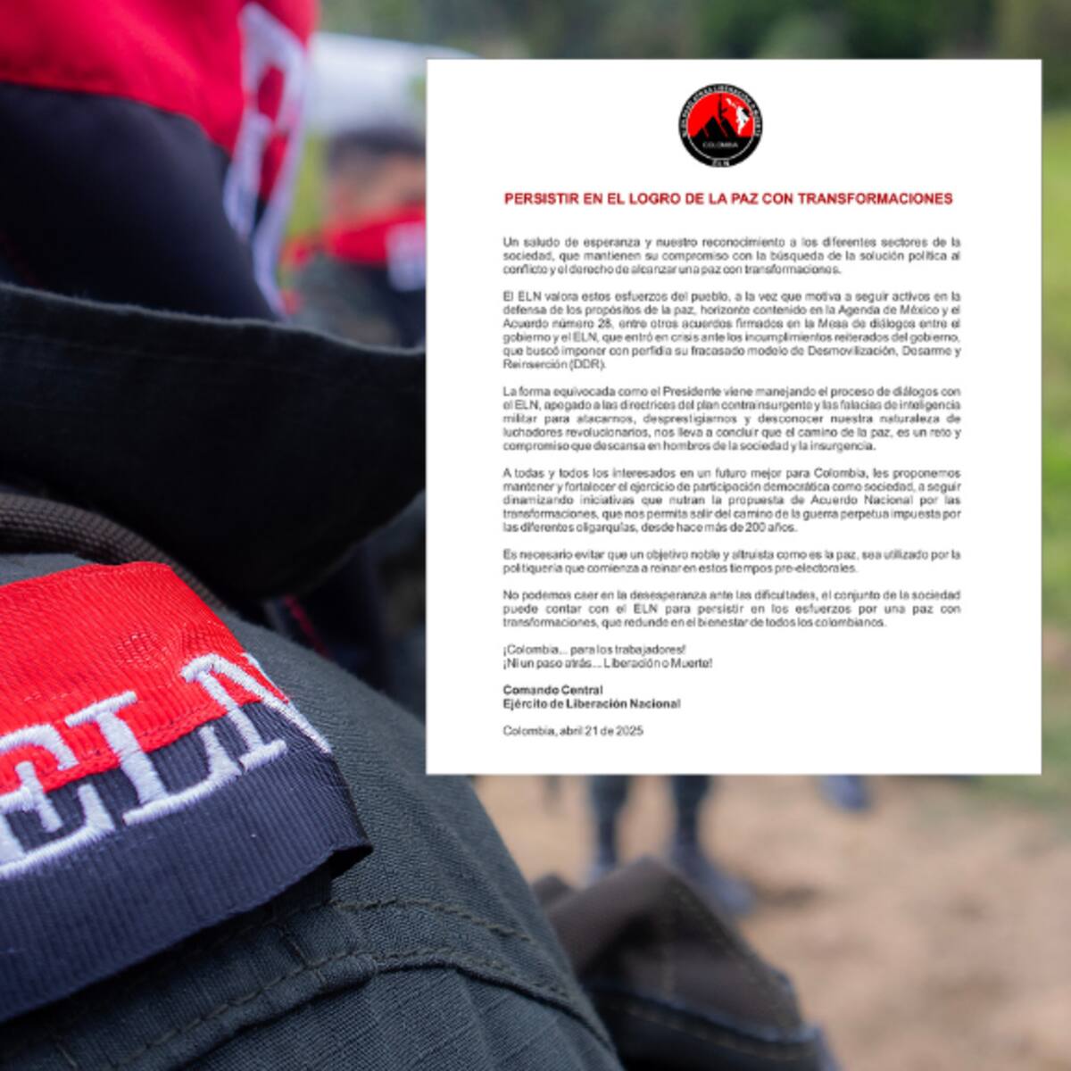 ELN emitió un comunicado afirmando que el gobierno puede contar con la guerrilla en procesos de paz