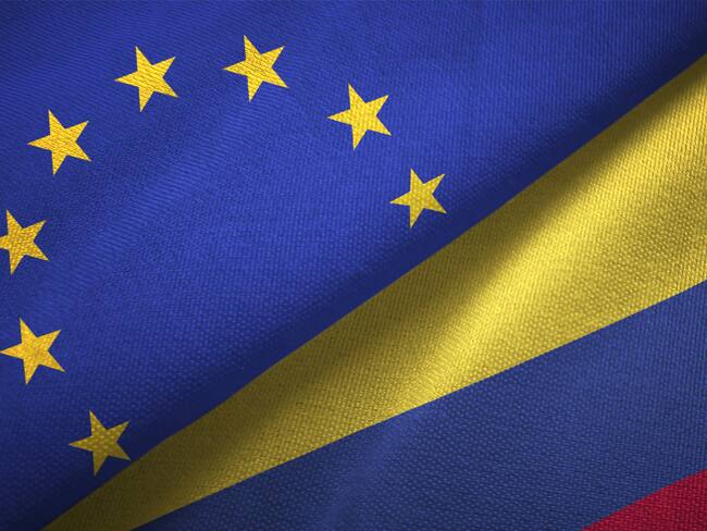 Colombia and European Union flag together realtions textile cloth fabric texture