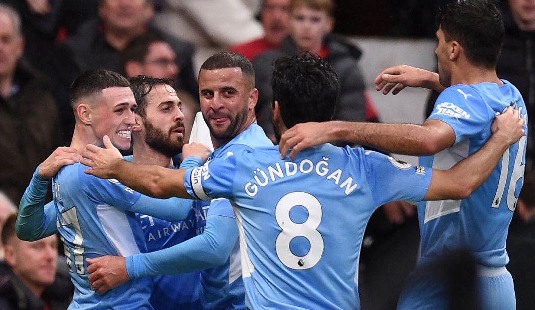 Celebración del Manchester City en la victoria del derbi de Manchester.