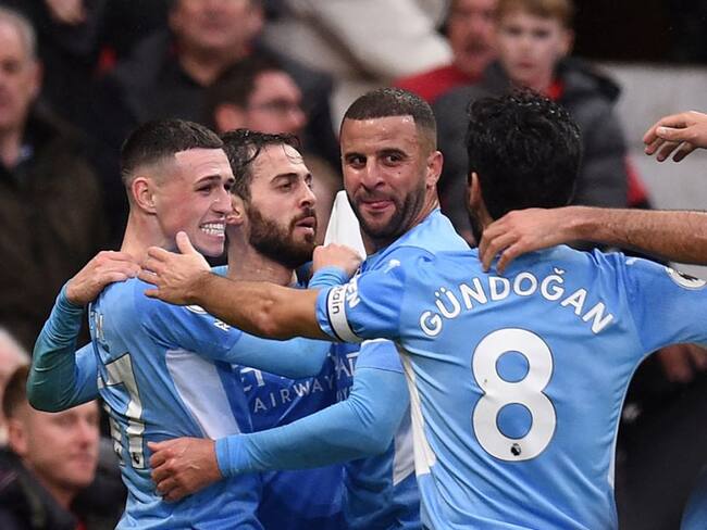 Celebración del Manchester City en la victoria del derbi de Manchester.