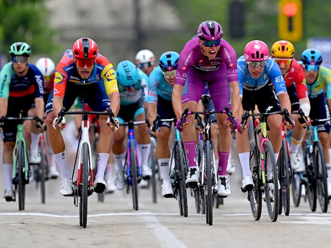 SOFIA, BULGARIA - MAY 10: Paul Magnier of France and Team Soudal Quick-Step - Purple Points Jersey celebrates at finish line as stage winner ahead of Jonathan Milan of Italy and Team Lidl - Trek and Madis Mihkels of Estonia and Team EF Education - EasyPost during the 109th Giro d'Italia 2026, Stage 3 a 175km stage from Plovdiv to Sofia / #UCIWT / on May 10, 2026 in Sofia, Bulgaria. (Photo by Tim de Waele/Getty Images)