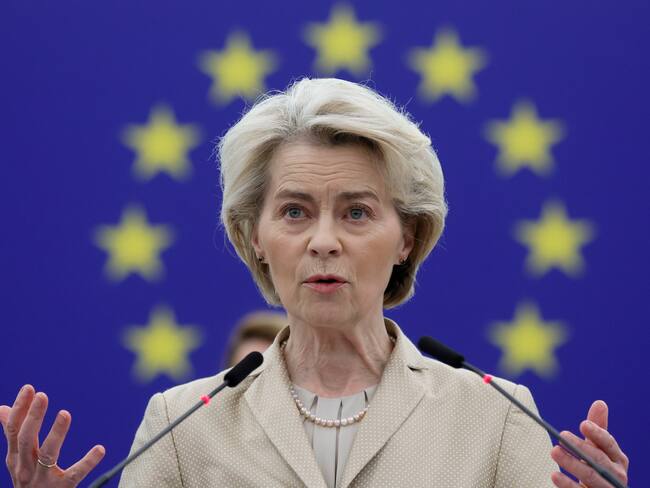 Estrasburgo (Francia), 28/02/2024.- La Presidenta de la Comisión Europea, Ursula von der Leyen, durante el debate sobre Seguridad y Defensa Europeas en el Parlamento Europeo en Estrasburgo, Francia, este miércoles.- EFE/RONALD WITTEK