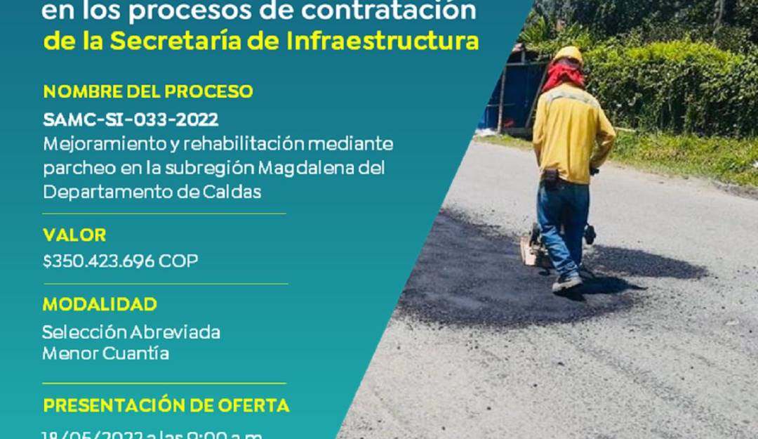 Publicaron procesos de contratación para parcheos de vías en Caldas. Crédito: Gobernación de Caldas.