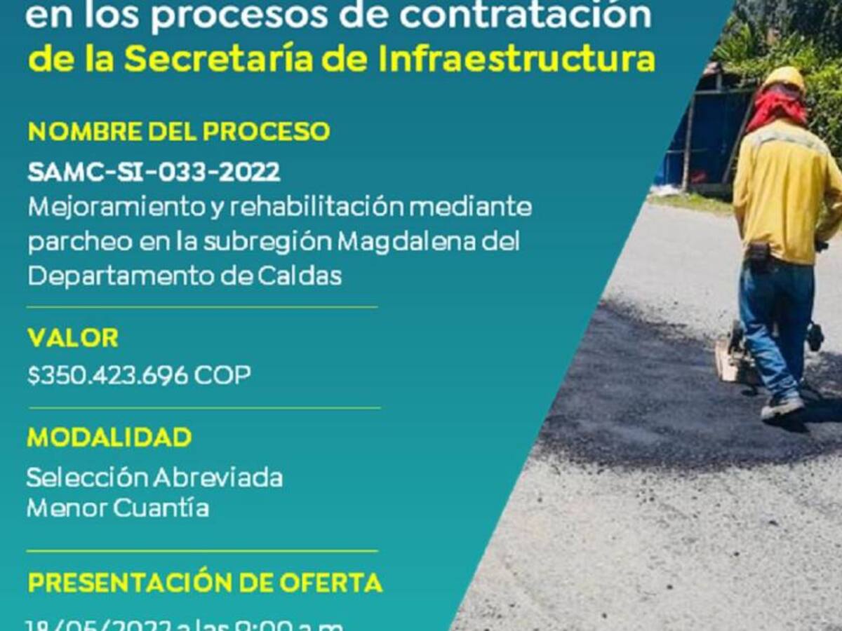 Publicaron procesos de contratación para parcheo de vías en subregiones de Caldas