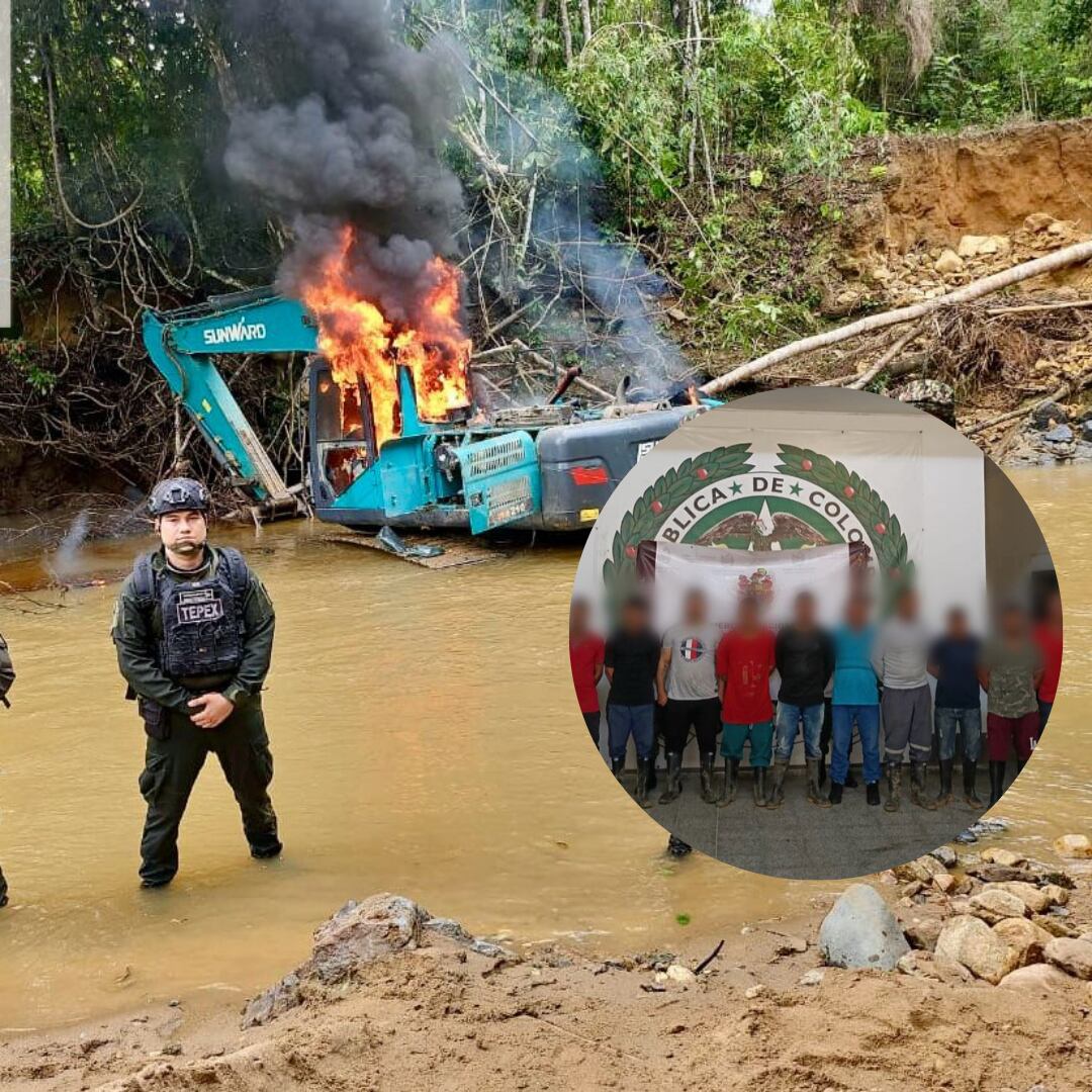 Maquinaria destruida y capturados por minería ilegal- foto Brigada 14 del Ejército.
