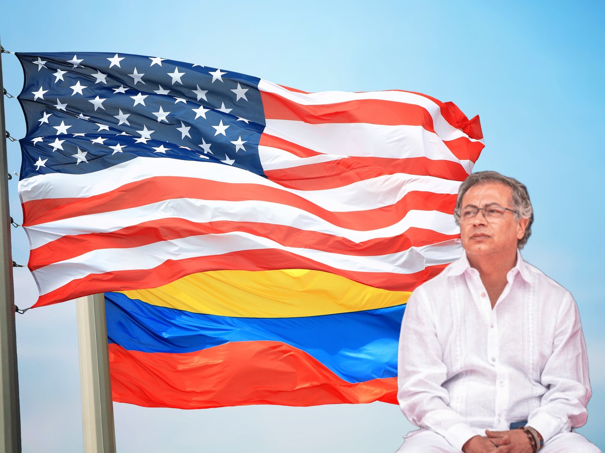 Banderas de Estados Unidos y Colombia y presidente Gustavo Petro. Fotos: Getty Images / (Photo by Diego Cuevas/Getty Images)