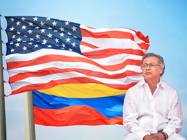 Banderas de Estados Unidos y Colombia y presidente Gustavo Petro. Fotos: Getty Images / (Photo by Diego Cuevas/Getty Images)