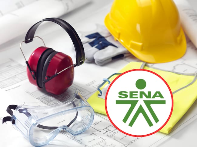 Implementos de seguridad en un entorno inductrial y de fondo el logo del SENA (Fotos vía Getty Images y COLPRENSA)