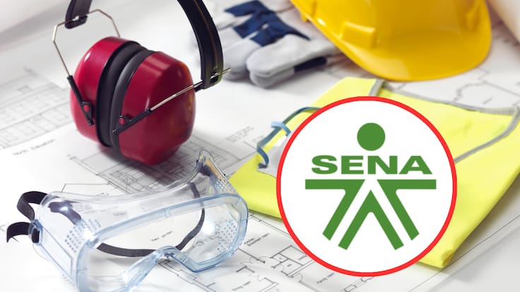 Implementos de seguridad en un entorno inductrial y de fondo el logo del SENA (Fotos vía Getty Images y COLPRENSA)