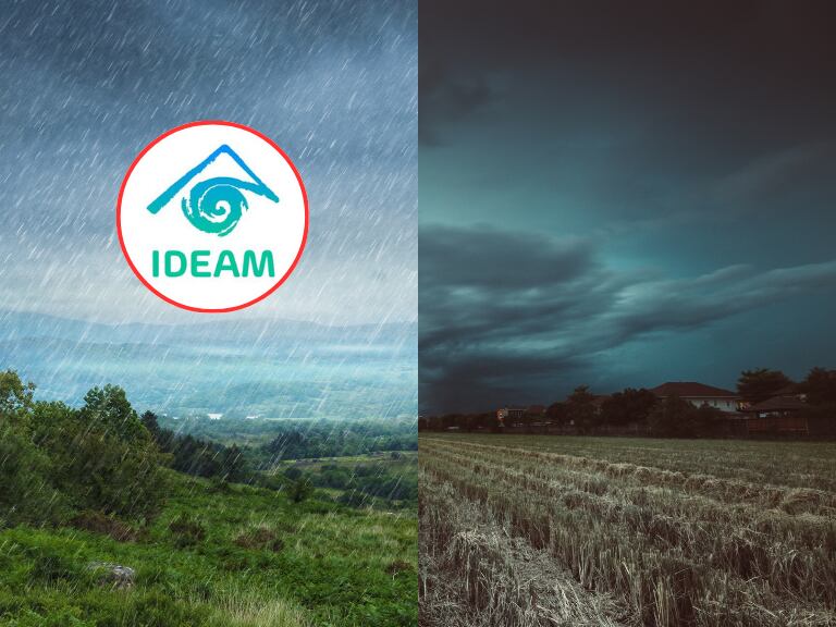 Clima lluvioso y temporada de nubosidad y al lado el logo del IDEAM (Fotos vía Getty Images y redes sociales del IDEAM)