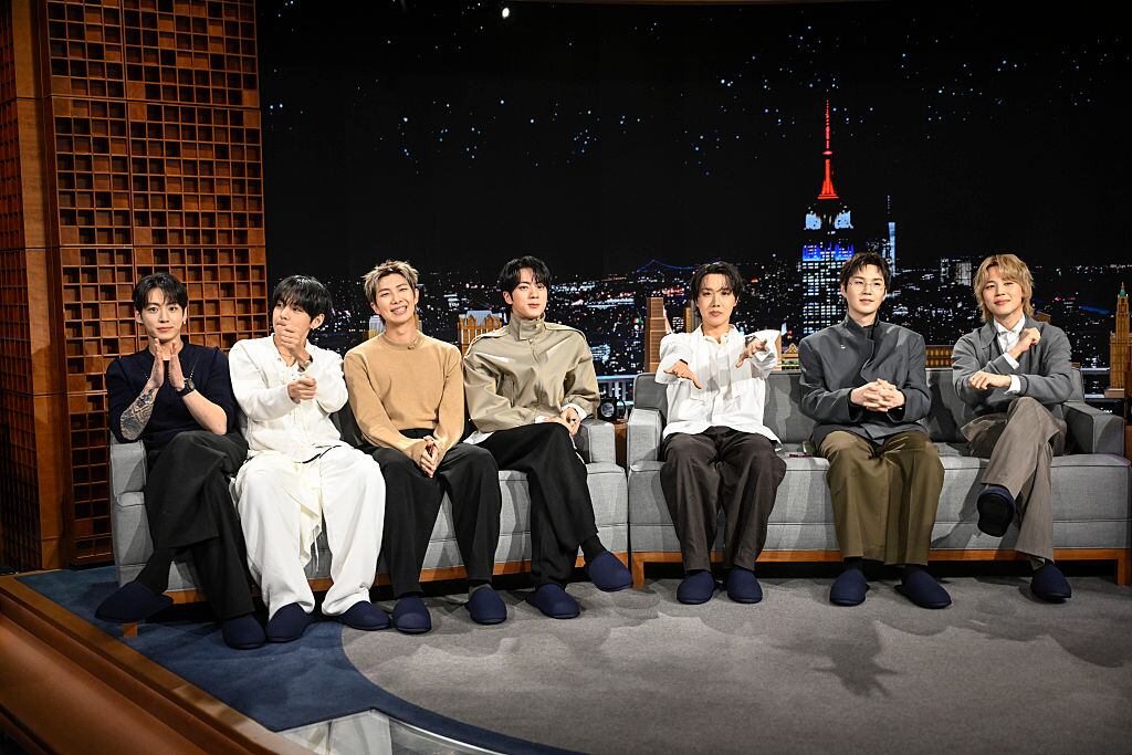THE TONIGHT SHOW STARRING JIMMY FALLON -- Episode 2272 -- Pictured: (l-r) Jung Kook, V, RM, Jin, j-hope, Suga, and Jimin of musical guest BTS during an interview on Wednesday, March 25, 2026 -- (Photo by: Todd Owyoung/NBC via Getty Images)