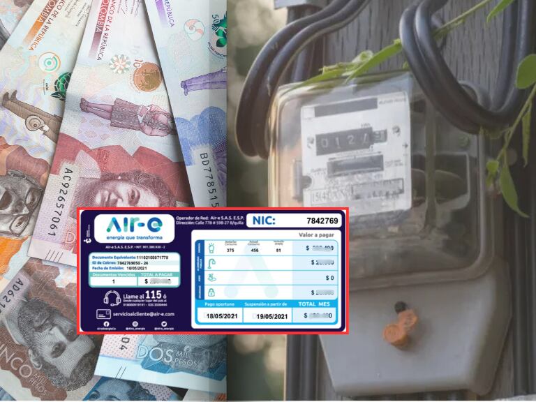 Referencia. Recibo de la empresa Air-e // Contador de luz en Barranquilla y dinero colombiano (Getty Images)
