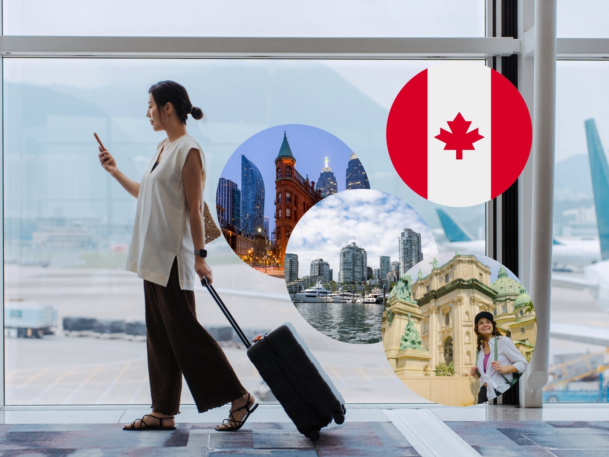De fondo: Imagen de referencia de una persona en un aeropuerto, a punto de abordar un avión. A su lado se encuentran fotos de sitios turísticos de Canadá y la bandera de este país (Crédito: Getty Images)