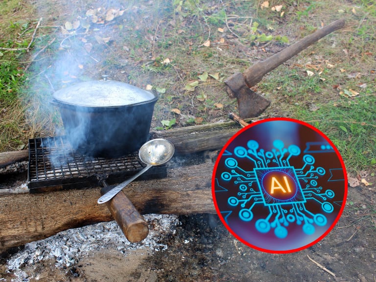 Olla sobre un tronco calenándose, al lado un cucharón. Inteligencia artificial. (Foto: Getty Images)