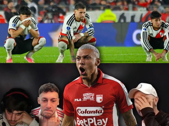 Jugadores de River Plate tras quedar eliminados de la Copa Sudamericana. Abajo, Fagundez, de Santa Fe, junto a rostros de hinchas de River Plate. Fotos: Getty Images y redes sociales.