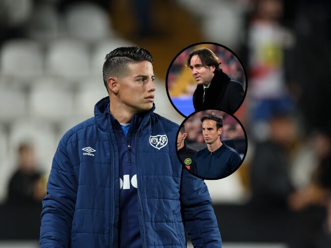James Rodríguez entre el presidente y el entrenador del Rayo Vallecano / Getty Images