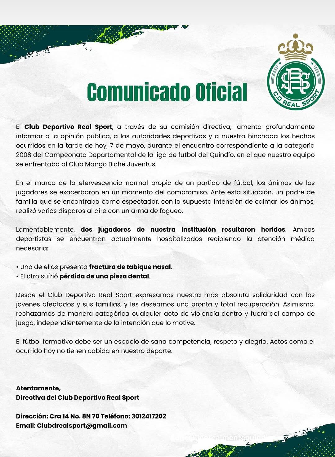 Comunicado por gresca en partido de fútbol aficionado en el Quindío. Foto: Cortesía Facebook Club Real Sport Quindío