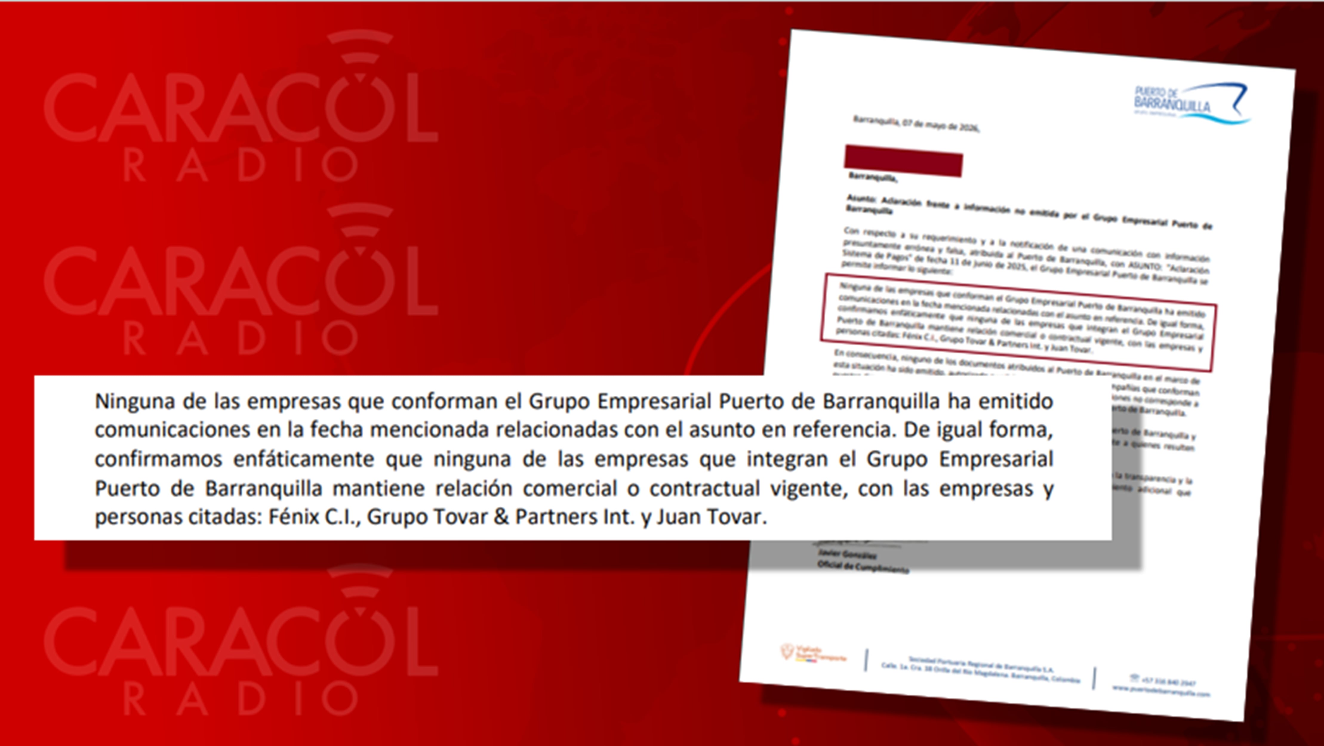 El Puerto de Barranquilla confirmó que no ha tenido ni tiene relación comercial alguna con Juan Guillermo Tovar Niño o alguna de sus empresas.