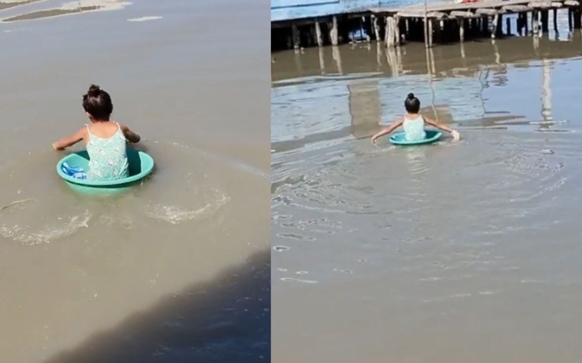 Niña atravesando el caudal en una ponchera // Foto extraída de video @Rafaelmartineztovar