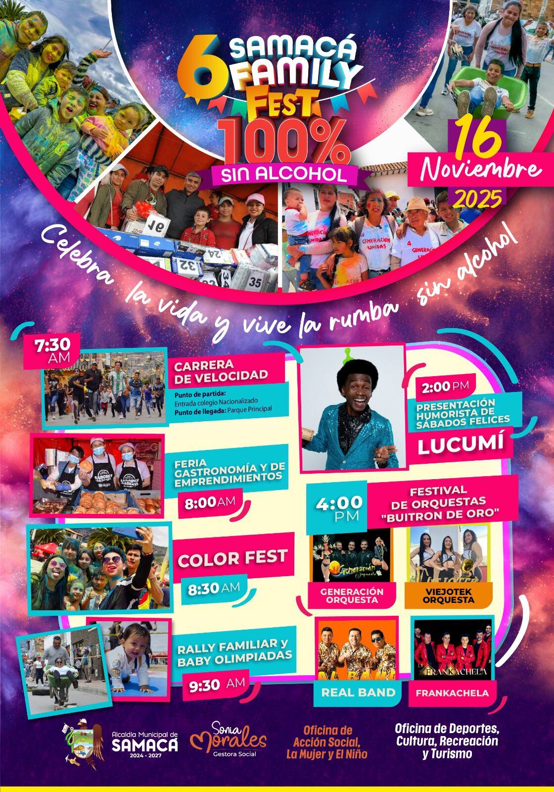 El alcalde y la gestora social invitan a las familias samaqueñas a disfrutar de una jornada llena de deporte, cultura e integración sin consumo de alcohol.