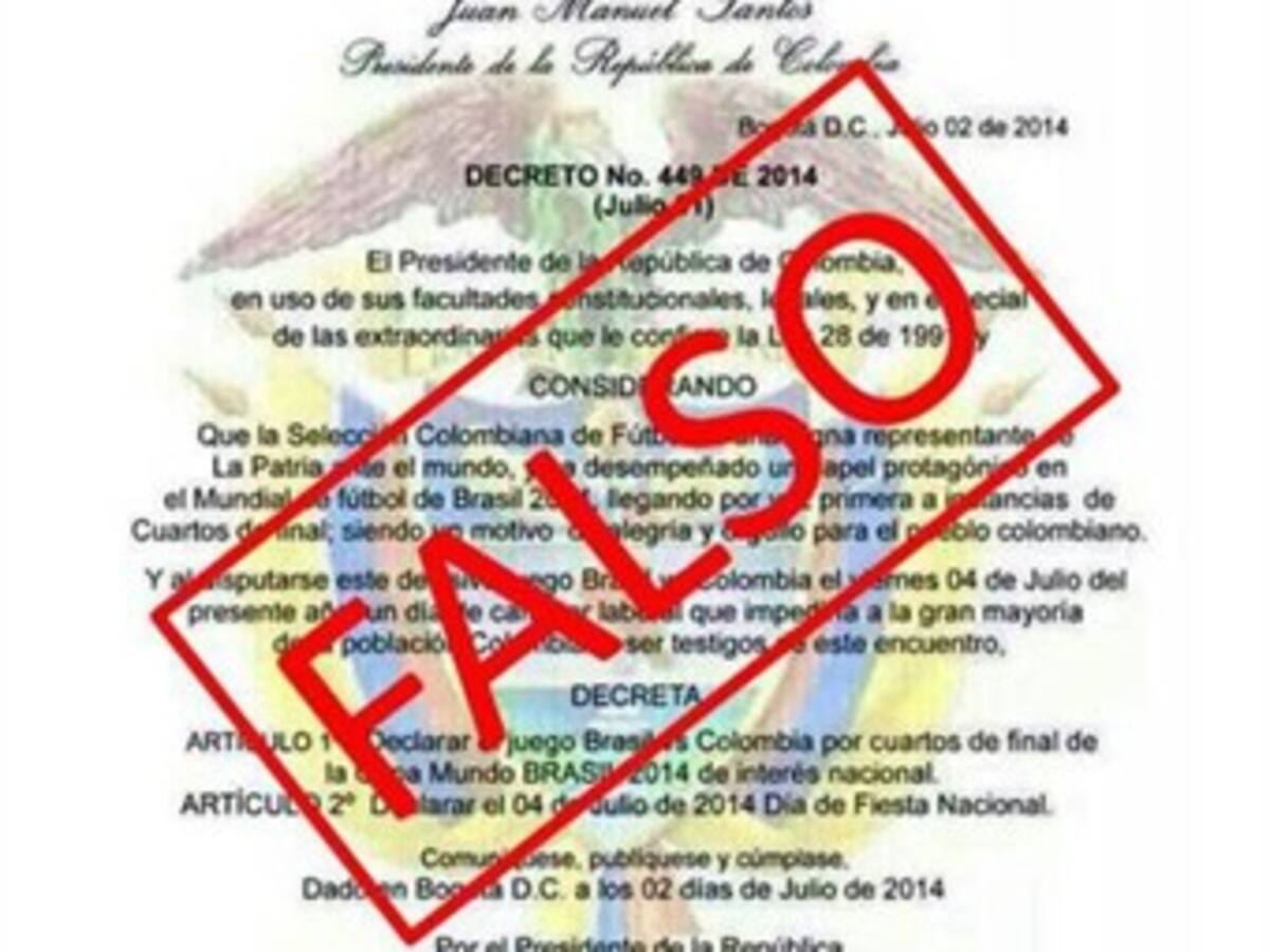 Falso decreto señala el viernes como festivo por partido de Colombia
