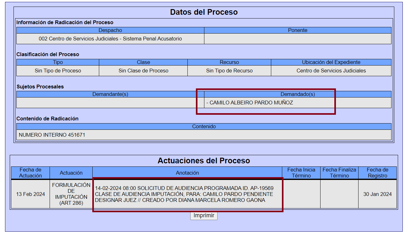Citación de imputación de cargos en contra del exalcalde de Chipaque, Cundinamarca, Camilo Albeiro Pardo Muñoz,