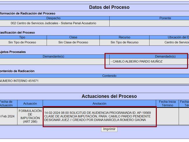 Citación de imputación de cargos en contra del exalcalde de Chipaque, Cundinamarca, Camilo Albeiro Pardo Muñoz,