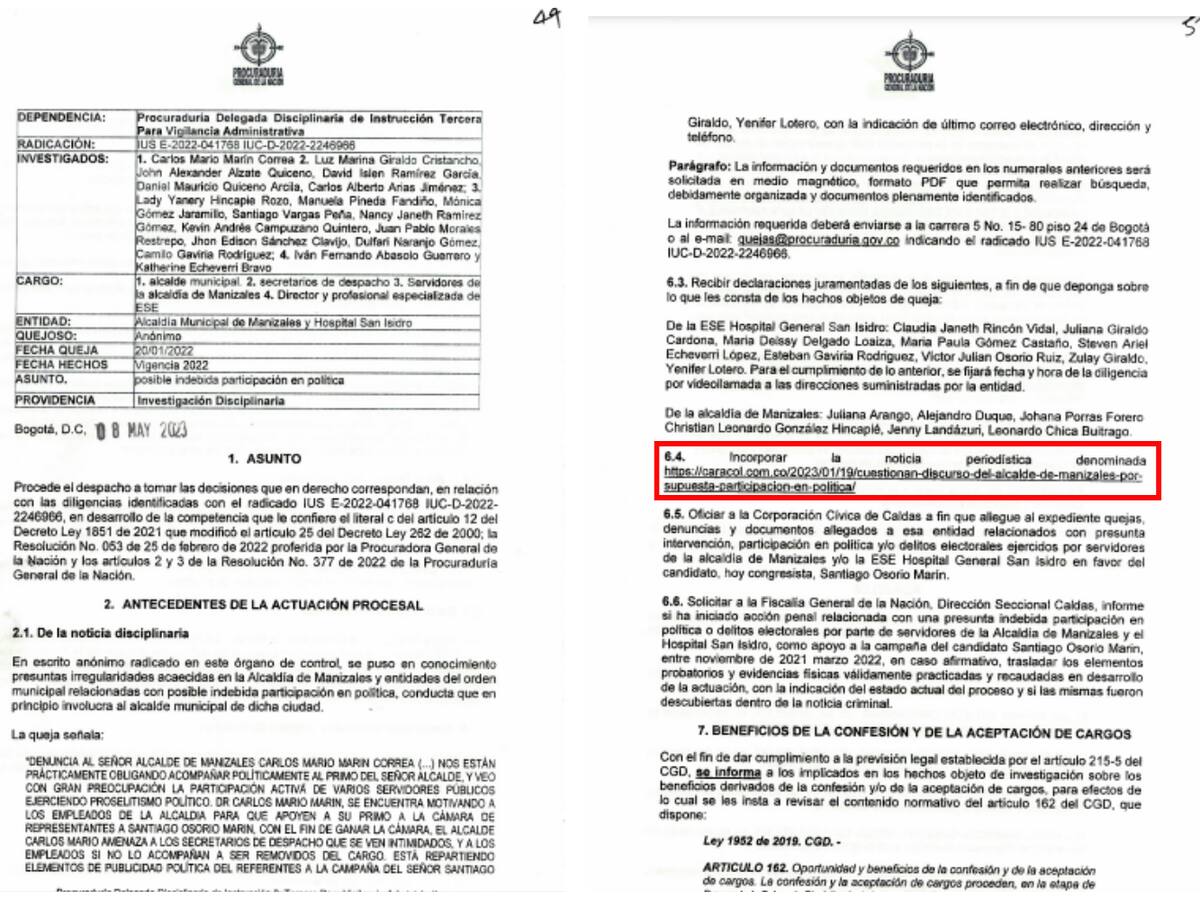 Procuraduría abre investigación contra el alcalde de Manizales y 17 funcionarios