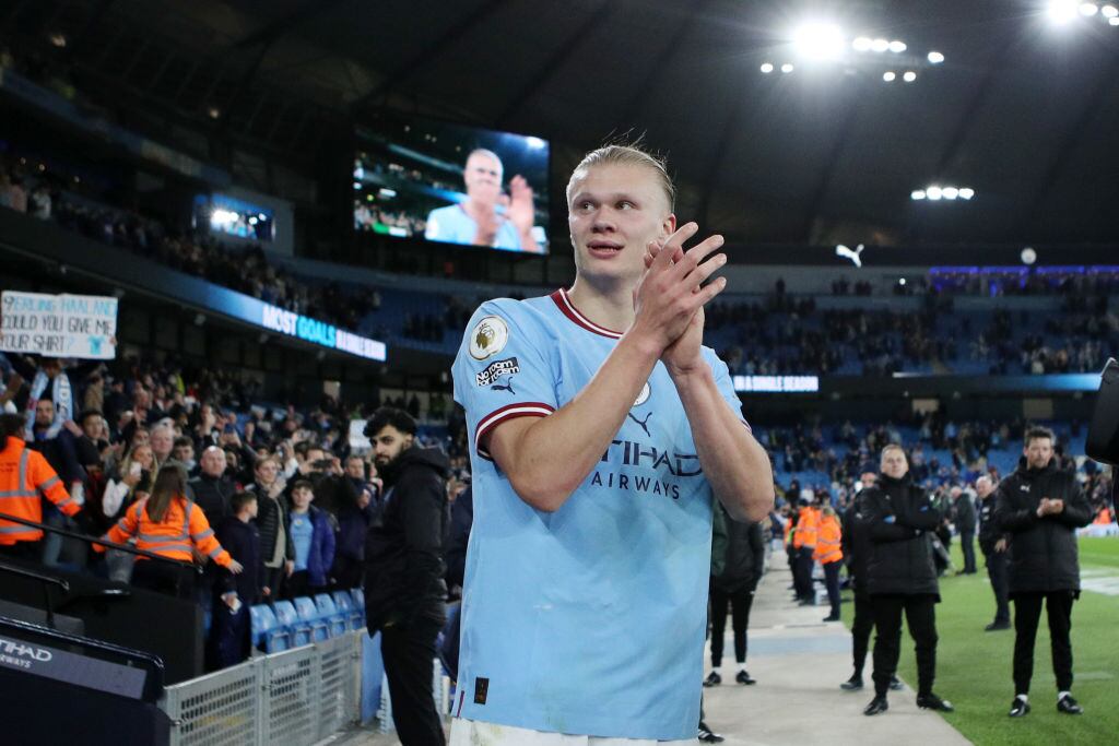 Erling Haaland tras convertirse en el máximo goleador de una temporada en la Premier League (Photo by Isaac Parkin - MCFC/Manchester City FC via Getty Images)