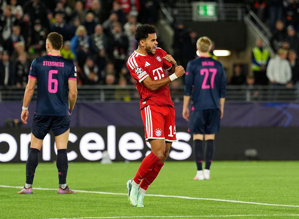 STAVANGER, NORWAY - OCTOBER 13: Luis Diaz of FC Bayern Munich celebrates scoring his team’s third goal during the UEFA Champions League 2026/27 League Phase MD2 match between Viking FK and FC Bayern München at Viking Stadion on October 13, 2026 in Stavanger, Norway. (Photo by Ole Martin Wold - UEFA/UEFA via Getty Images)