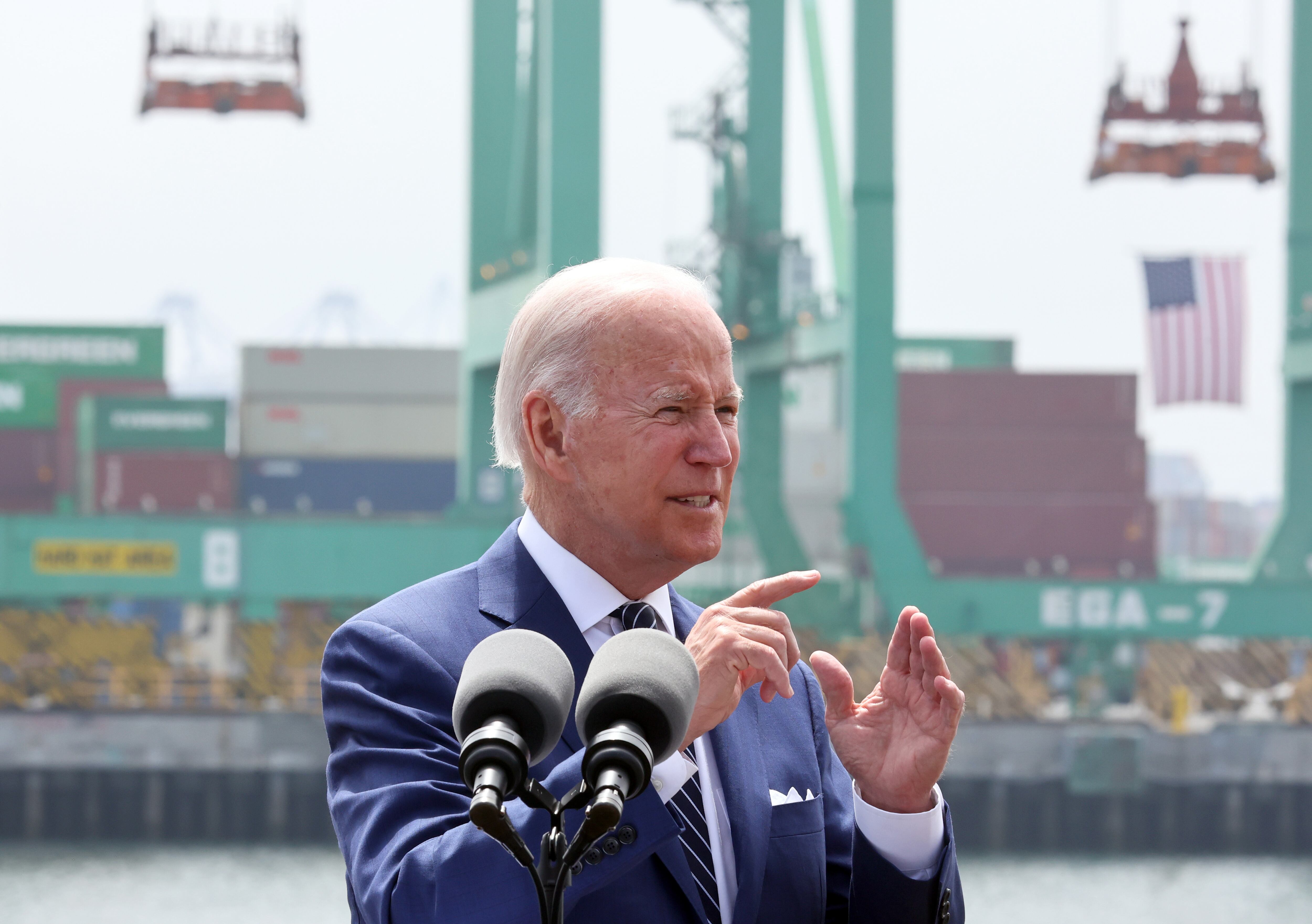 LOS ANGELES, CALIFORNIA - JUNE 10: U.S. President Joe Biden delivers remarks aboard the Battleship USS Iowa Museum at the Port of Los Angeles on June 10, 2022 in Los Angeles, California. (Photo by Mario Tama/Getty Images)