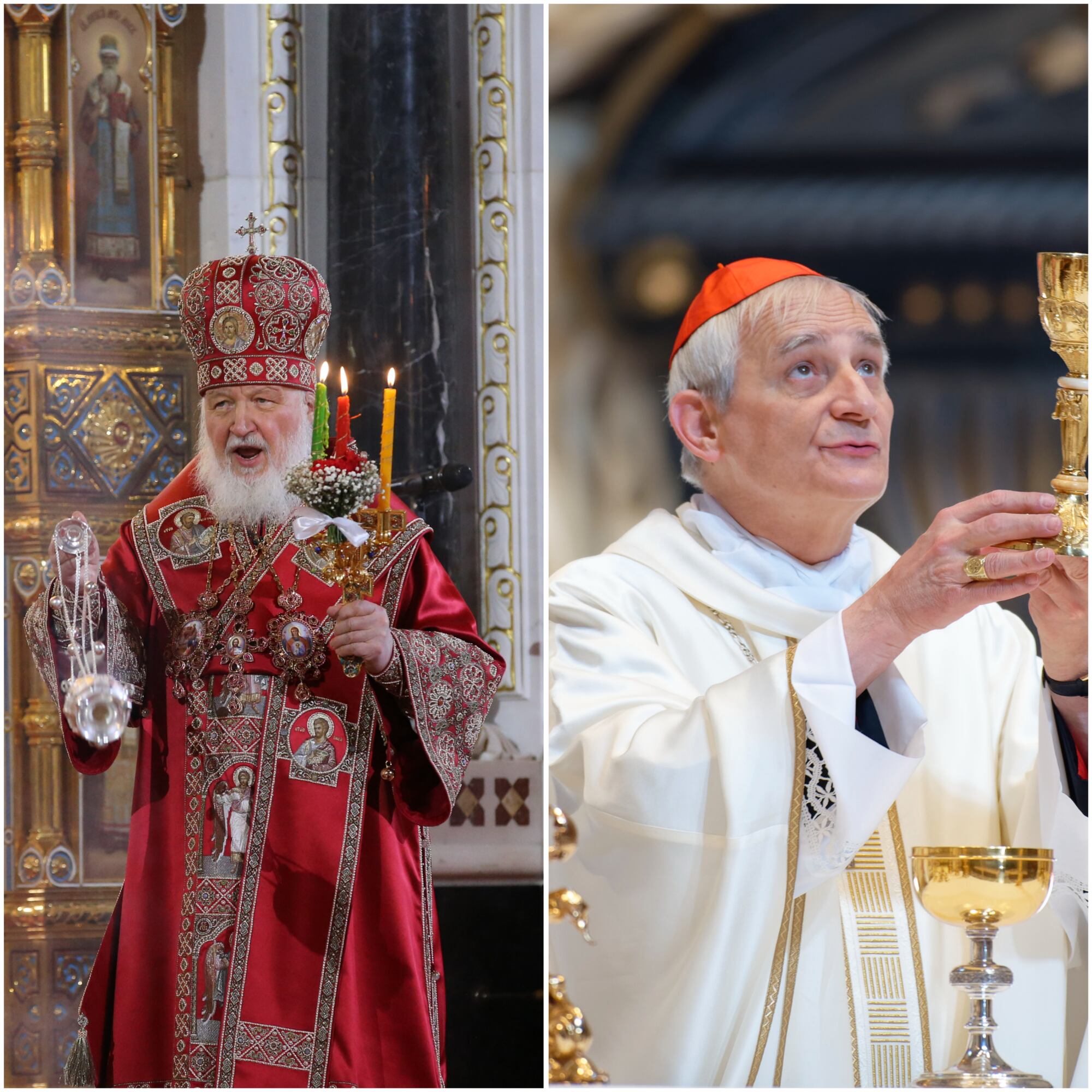 El patriarca Cirilo de Rusia (izq) y el enviado de paz del Vaticano, el cardenal italiano Matteo Zuppi.
(Foto: Caracol Radio / GettyImages)