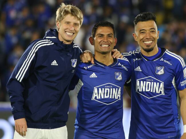 Andres Llinas, David Silva and Fernando Uribe of Millonarios F.C. celebrate the qualification in the match for the 26th date, quadrangular semifinals, as part of the BetPlay DIMAYOR I 2023 League played at the Nemesio Camacho El Campin stadium in the city of Bogota. (Photo by Daniel Garzon Herazo/NurPhoto via Getty Images)